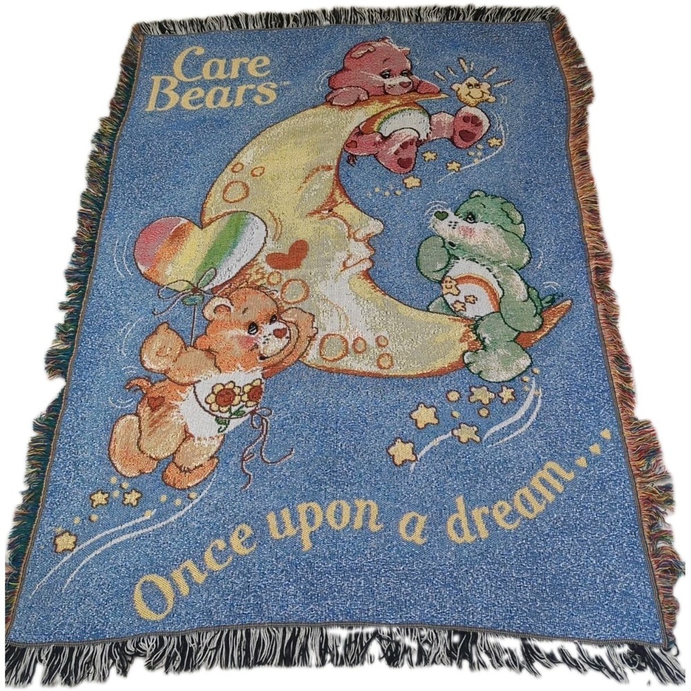 Vtg Y2K Care Bears "Once upon a dream" Tapestry Fringe Throw Lap Blanket 42"X58